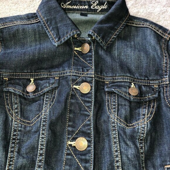 AMERICAN EAGLE Dark Wash Stretch Denim Jean Jacket ASO Elena Gilbert - Picture 7 of 13